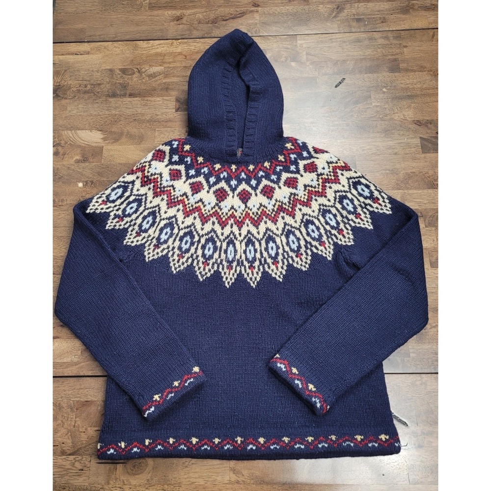 Vintage Ralph Lauren Women's Navy Nordic Fair Isle Hooded Sweater Size Medium